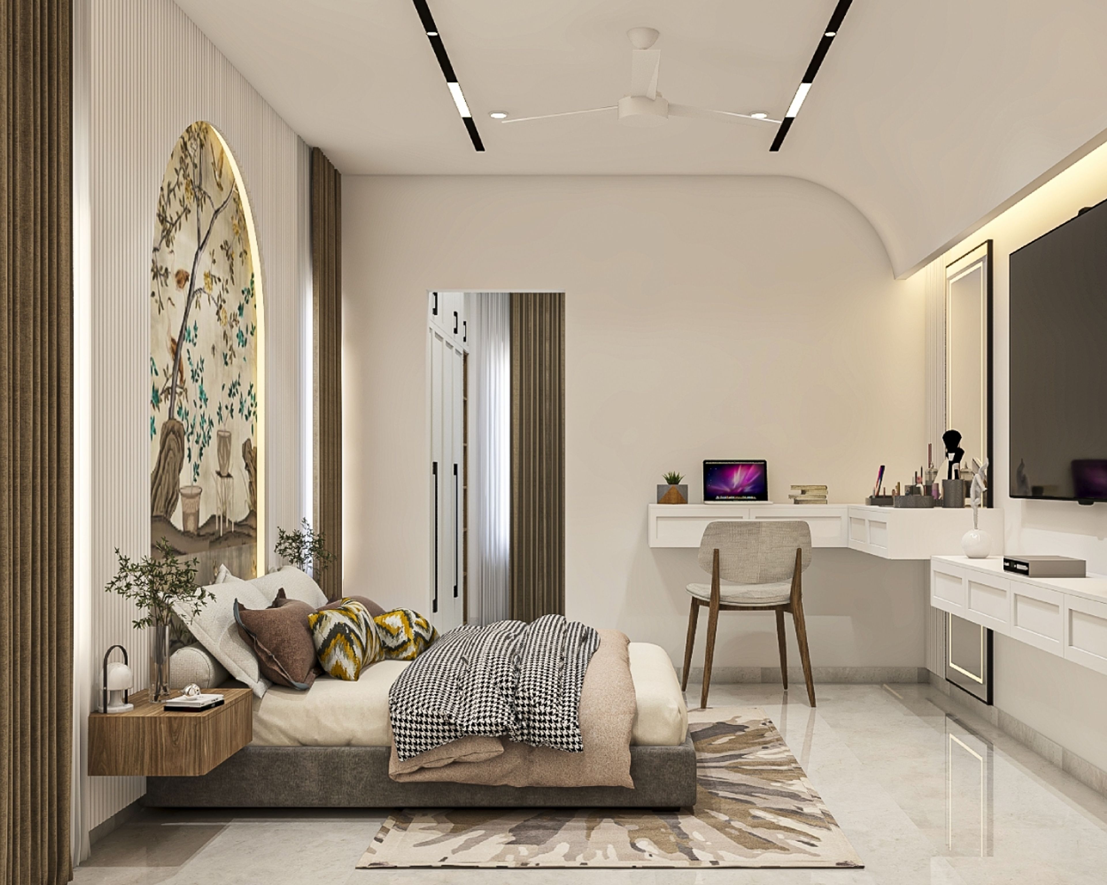 Art Deco Master Bedroom Design with King Bed and Walk-In Wardrobe
