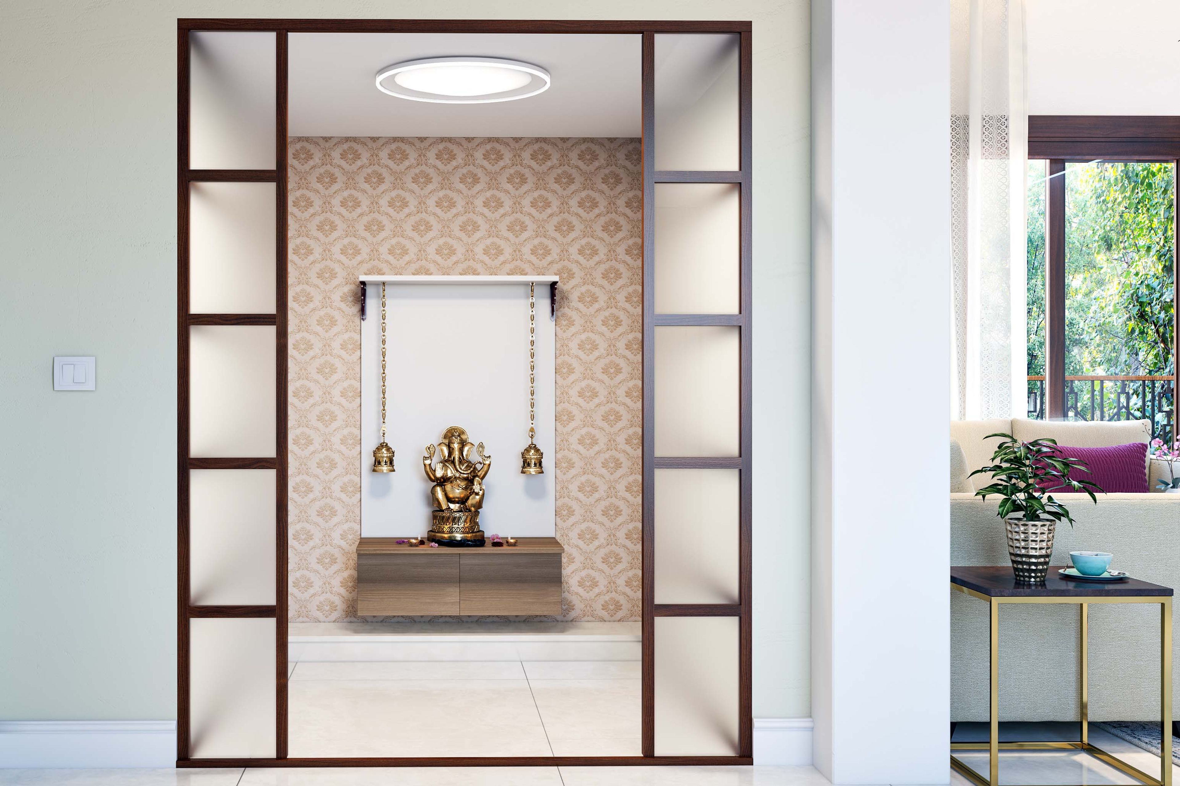 Traditional Indian Pooja Design with Glass Partition