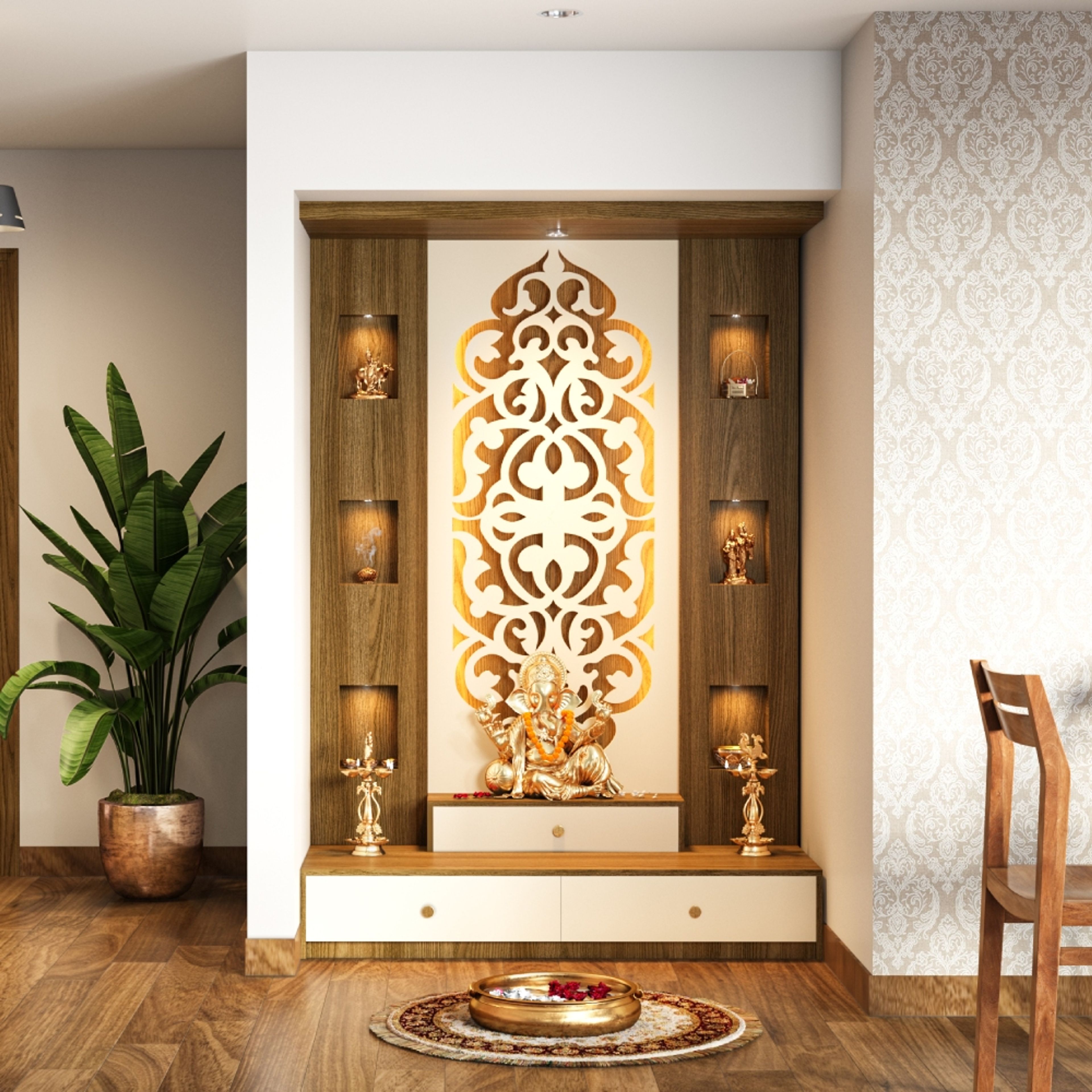 Walnut Bronze Colour Contemporary Pooja Unit Design