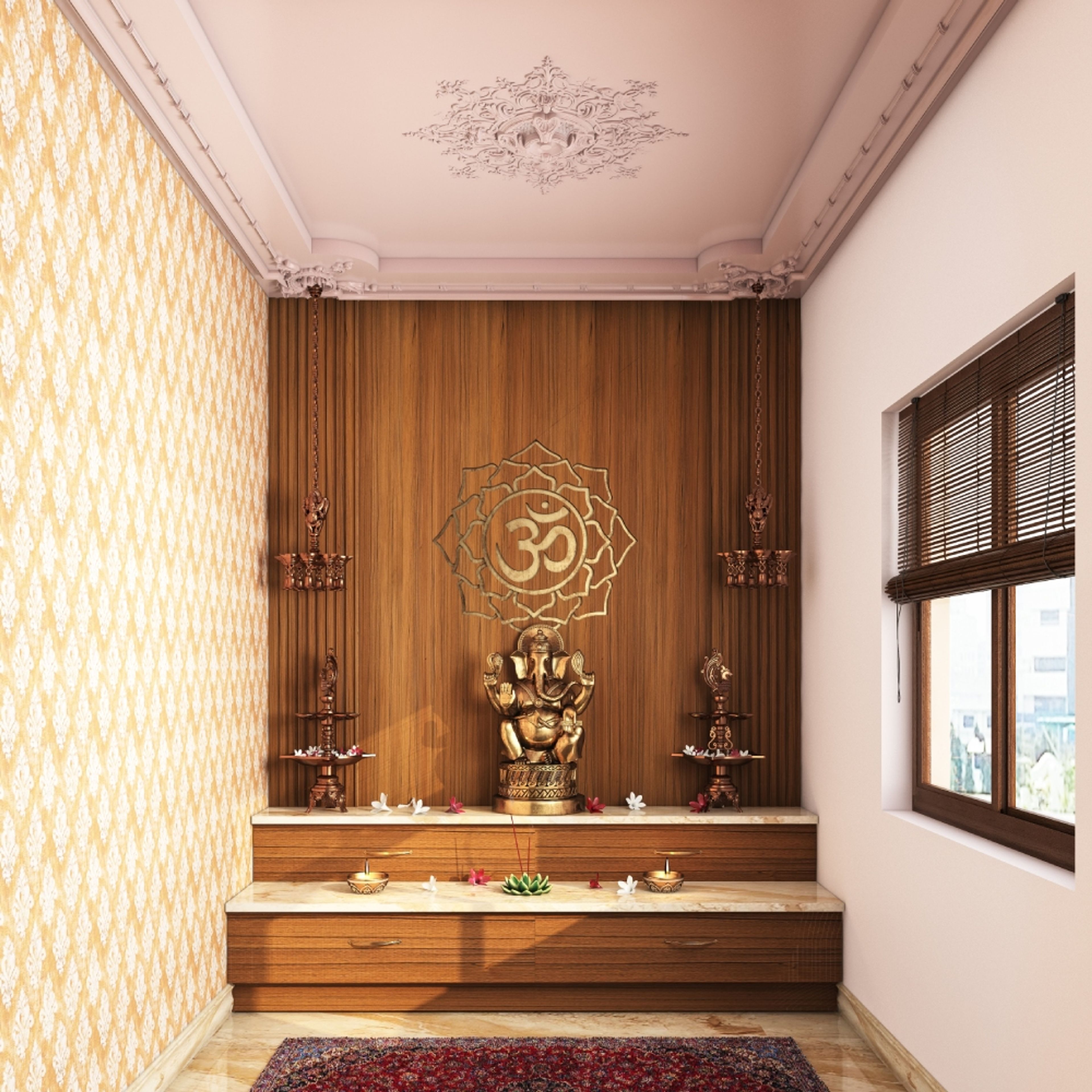 Classic Golden OM Print Pooja Unit Design