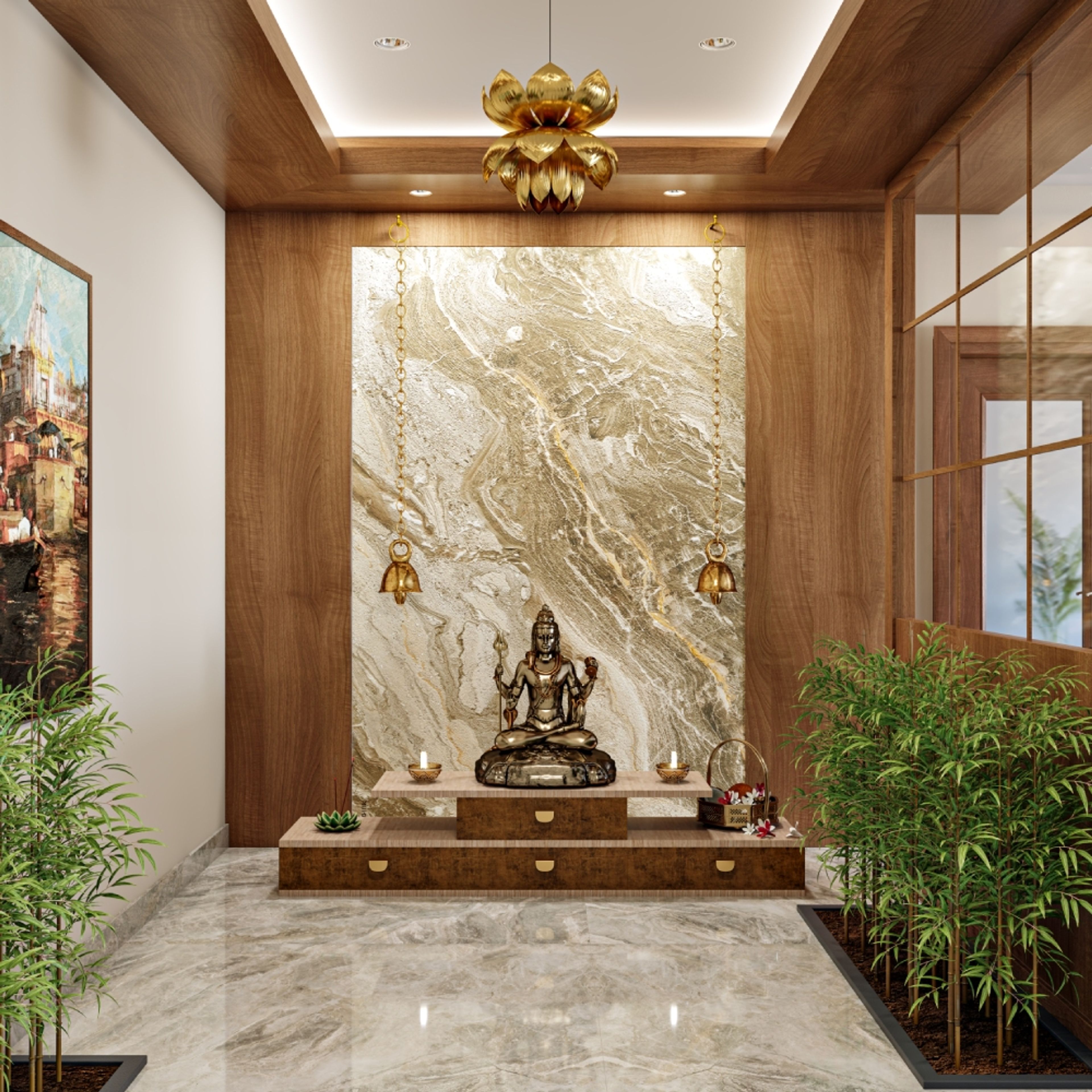 Contemporary Pooja Unit Design with Lotus Chandelier