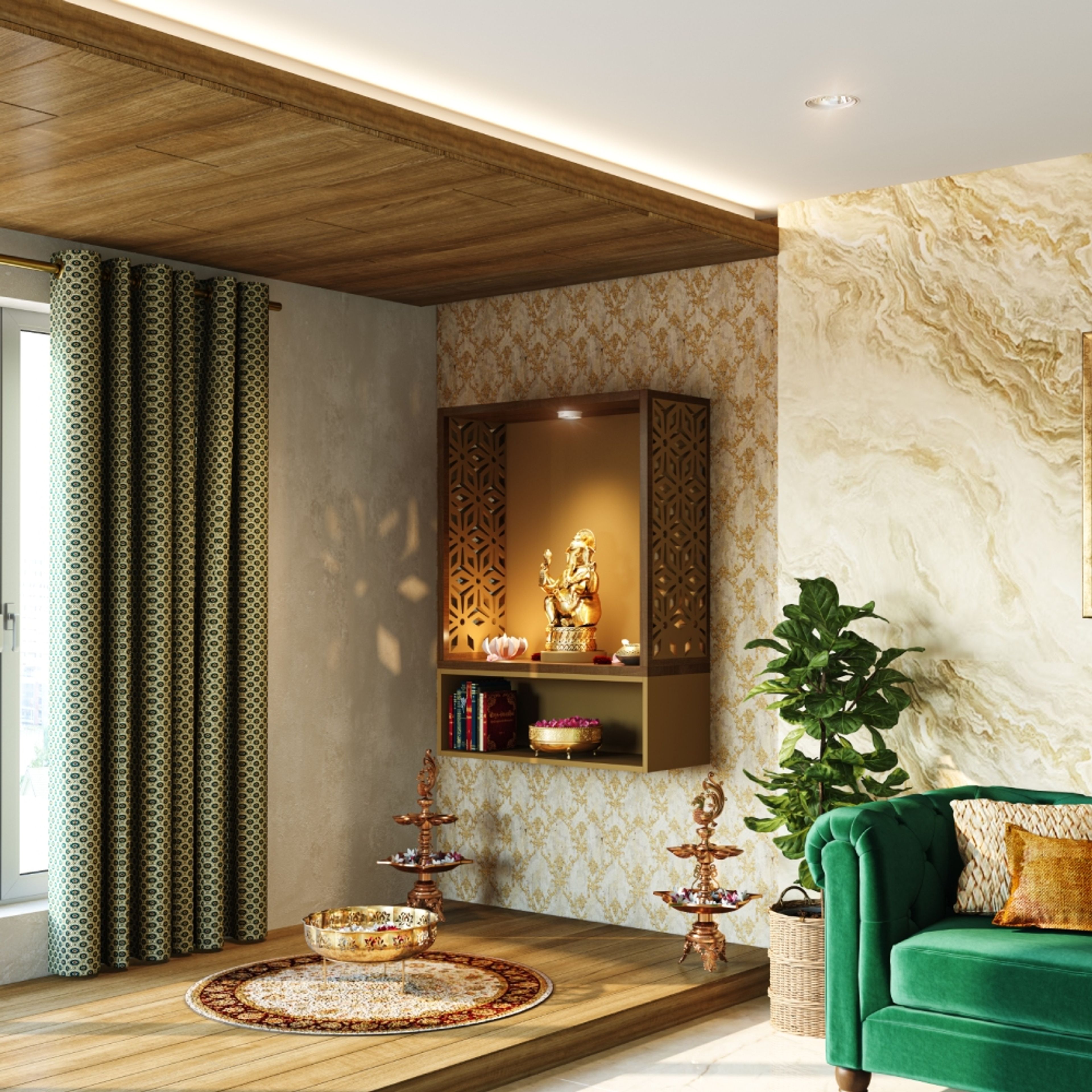 Walnut Bronze And Nomadic Gold Contemporary Pooja Unit Design