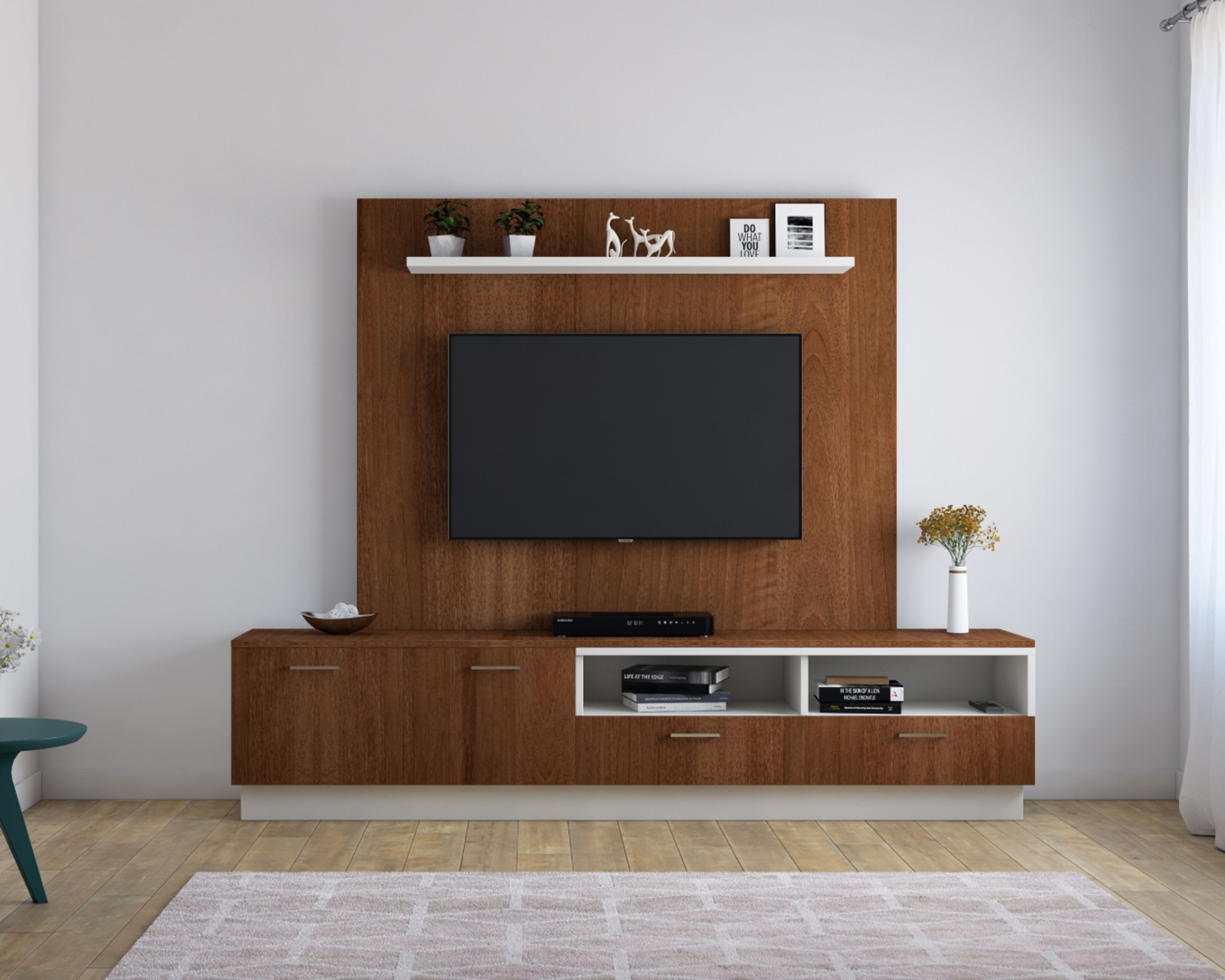 Walnut Bronze Modern TV Unit Design with Suede Finish