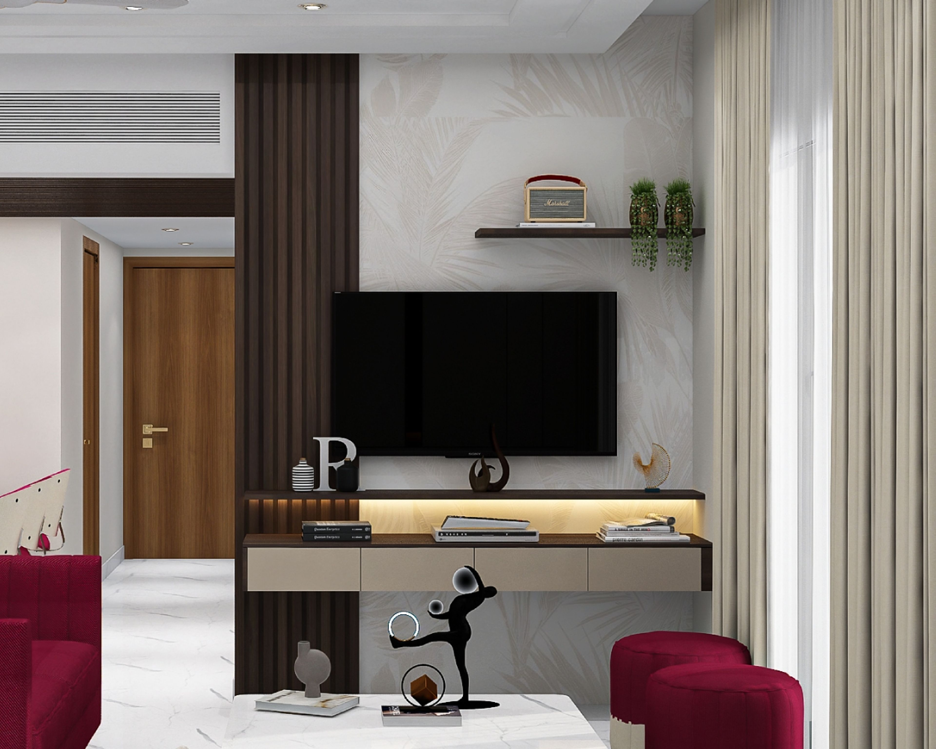 Modern TV Unit Design with Suede Laminate Finish and Storage Units