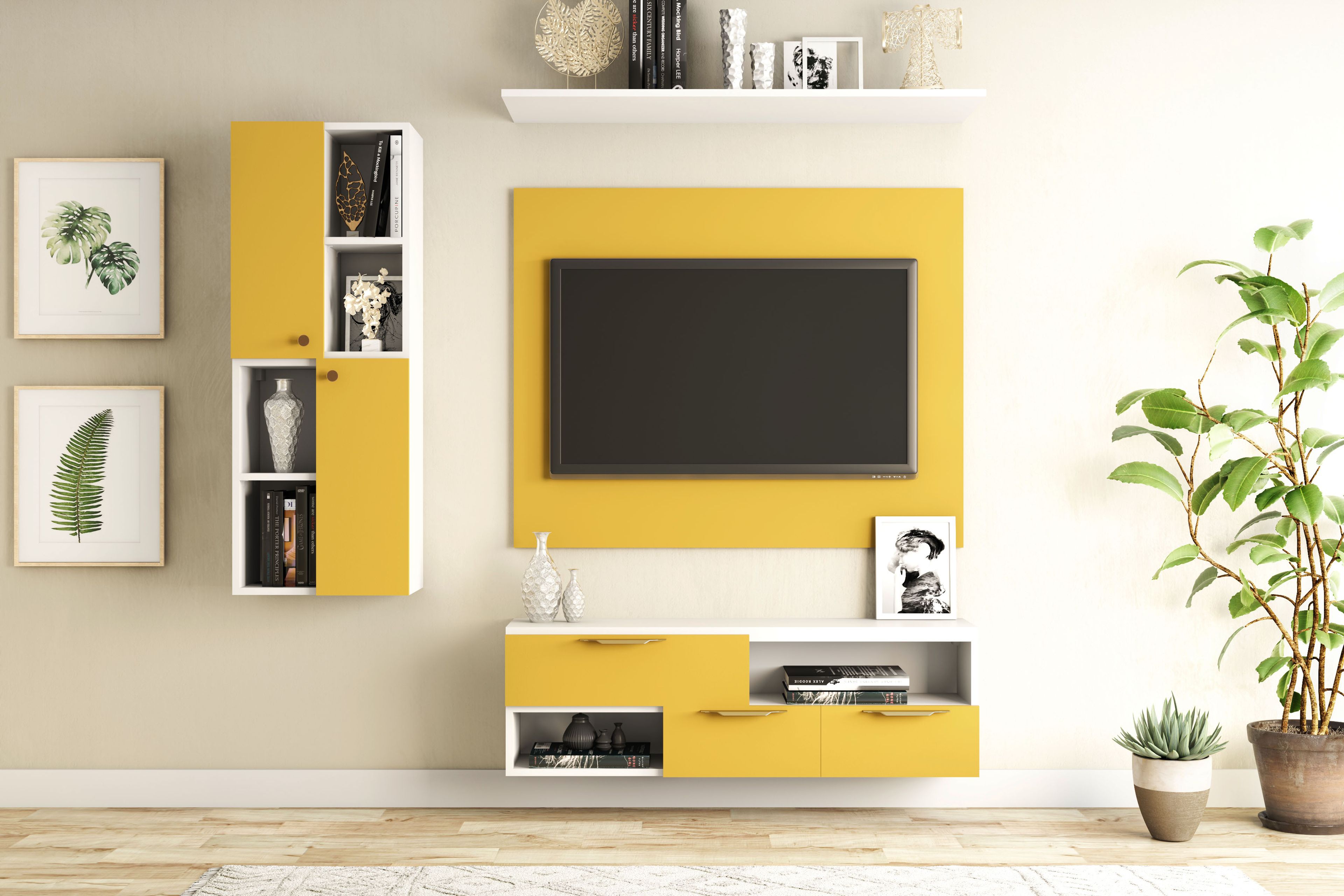 Modern Yellow and Off White TV Unit Design with Open and Closed Storage