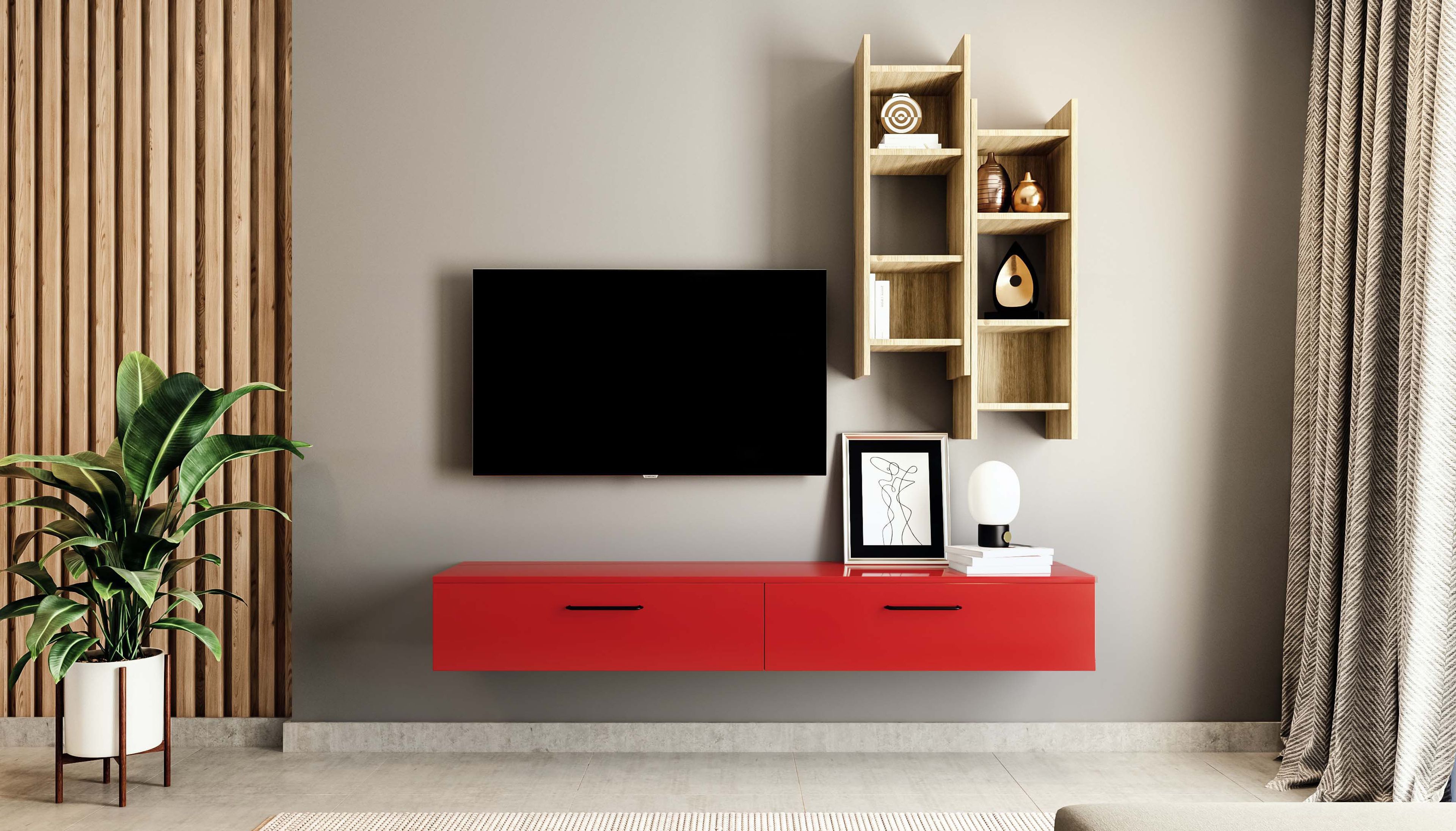 Modern Wall Mounted TV Unit Design with Ladder Unit and Closed Storage