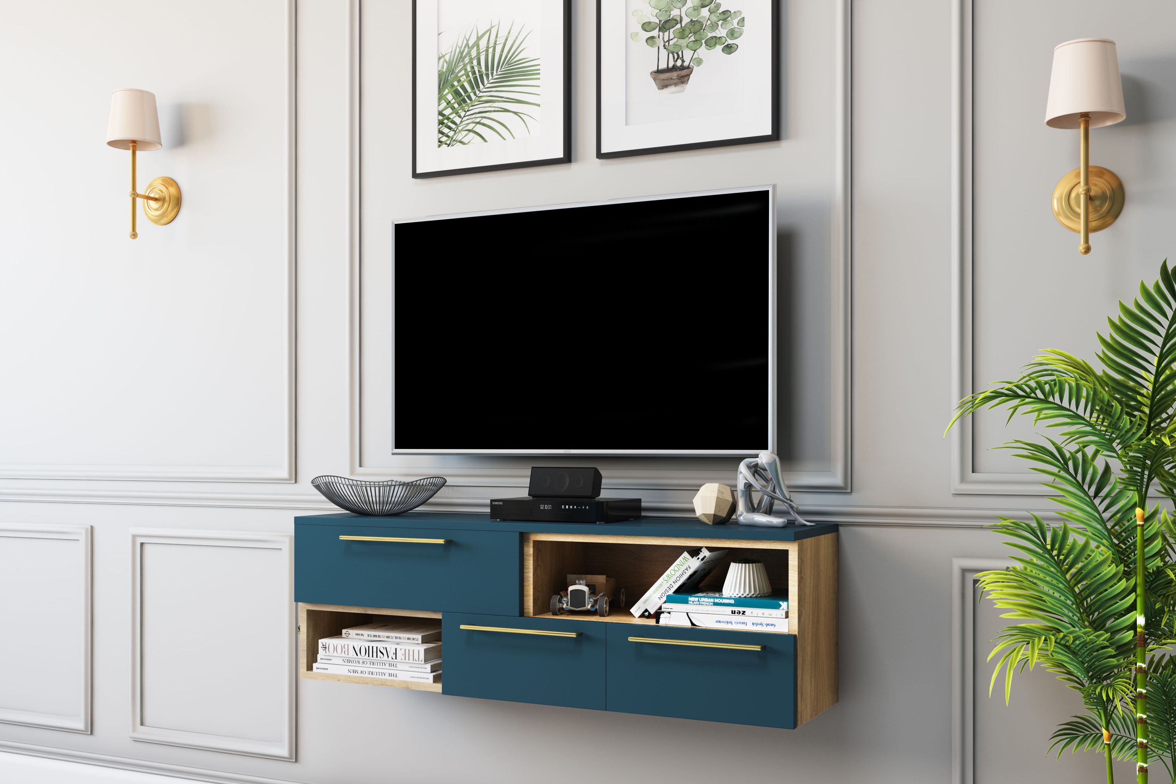 Contemporary TV Unit Design with Wood and Teal Lacquered Accents