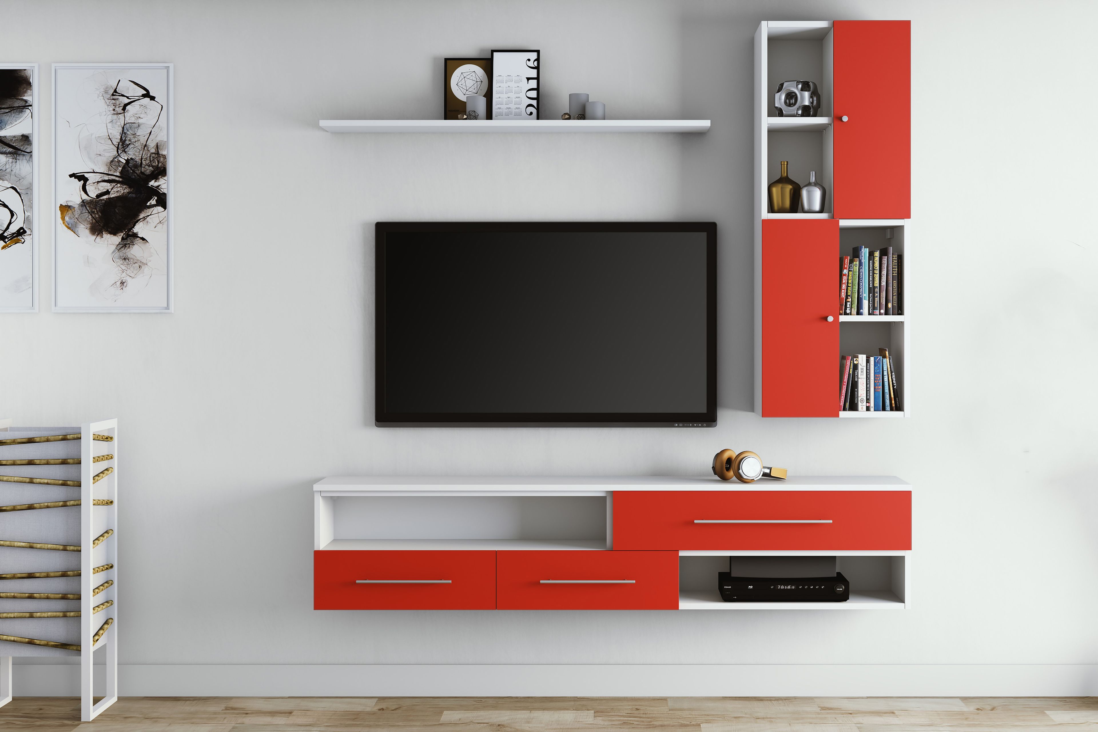 Modern Red and White TV Unit Design