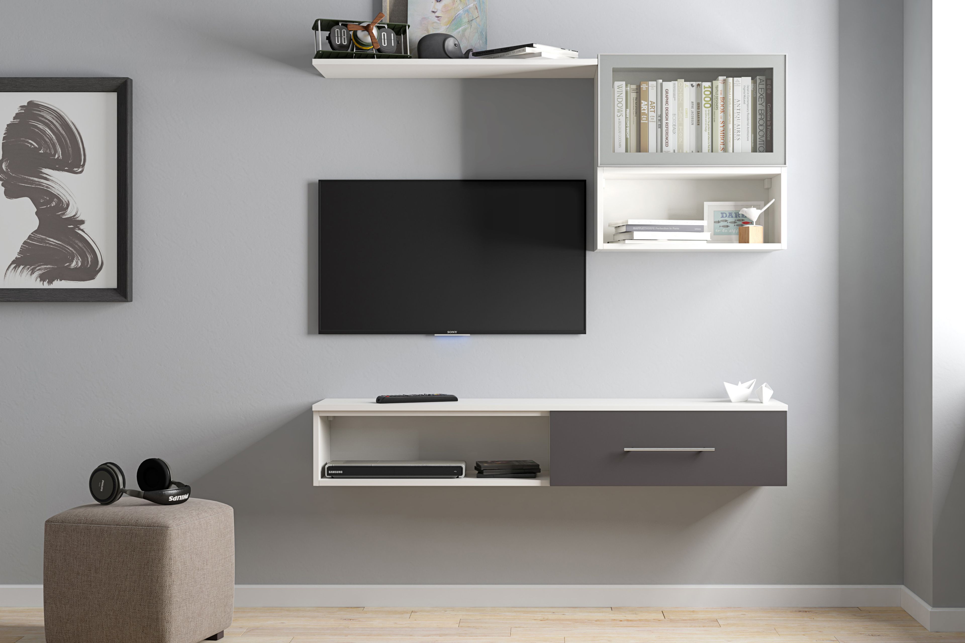 Modern Wall-Mounted TV Unit Design with Open and Closed Storage