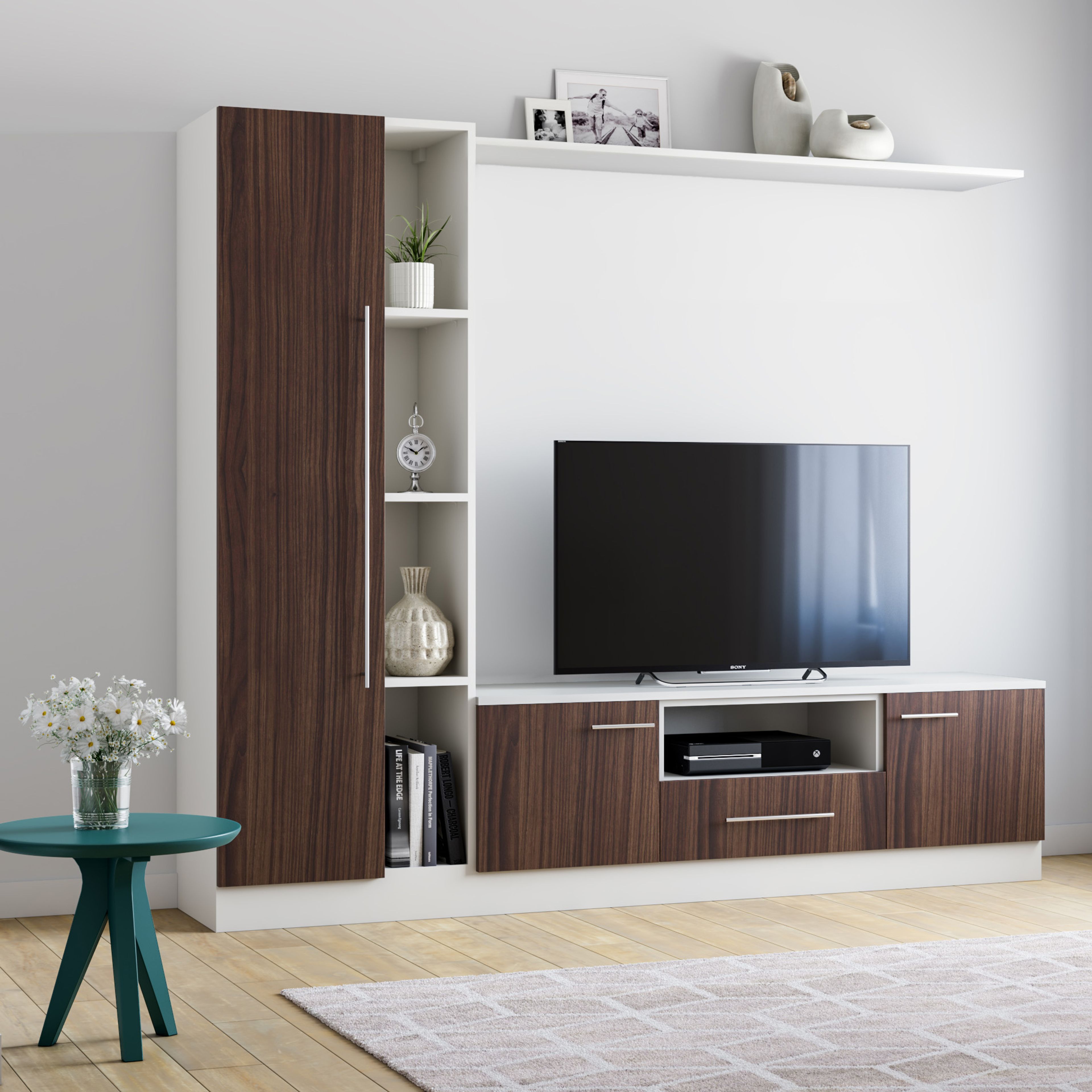 Minimal White and Brown Floor-Mounted TV Unit Design