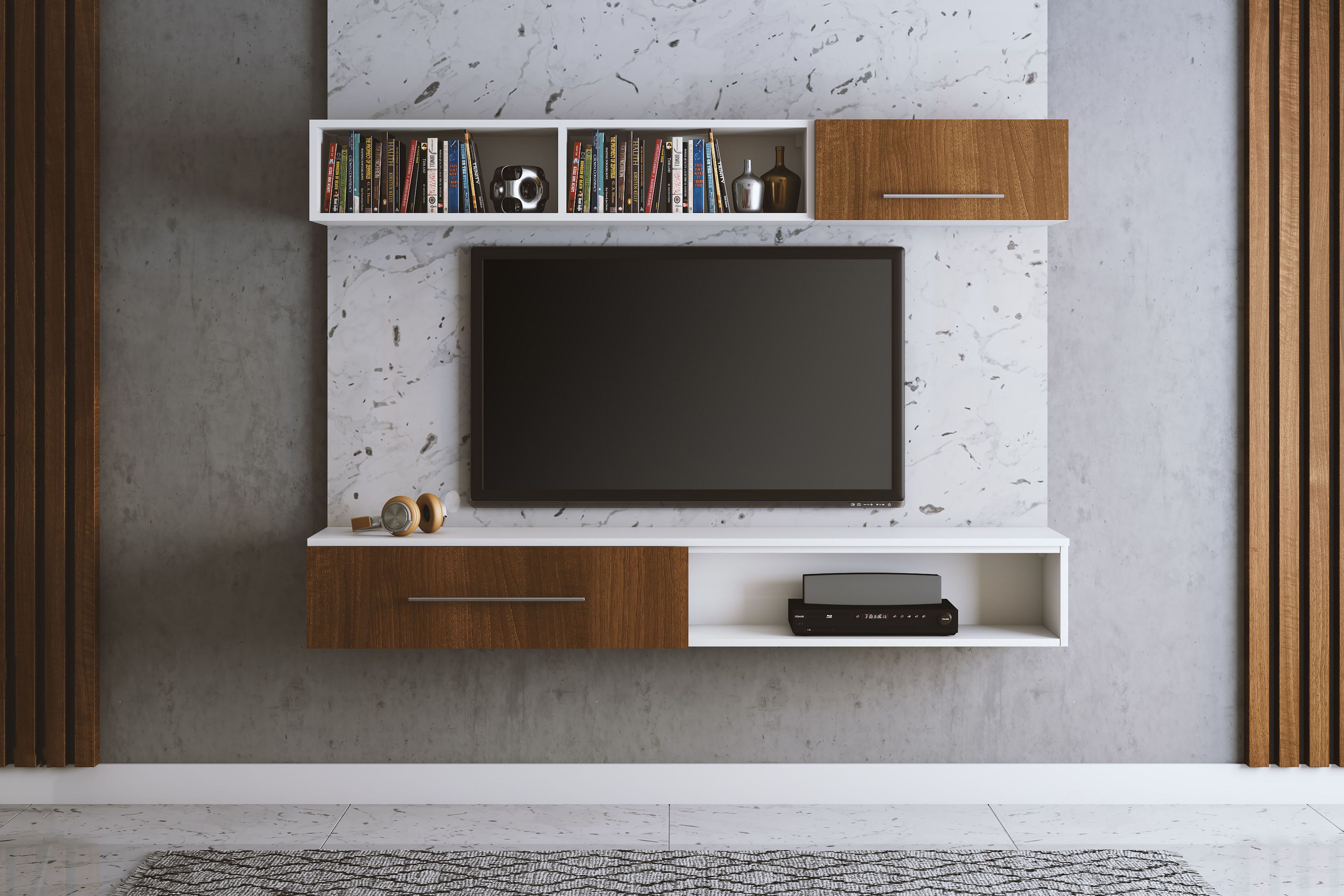 Contemporary TV Unit Design with Suede Finish and Textured Wall Accents
