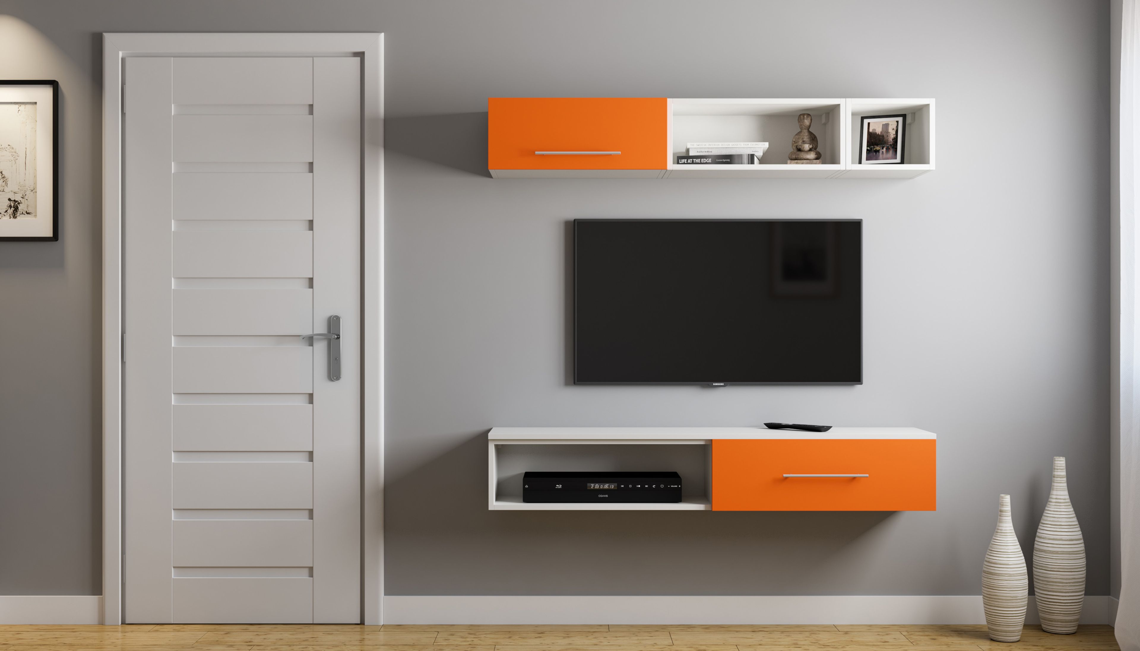 Modern Wall Mounted TV Unit Design with Orange and White Accents