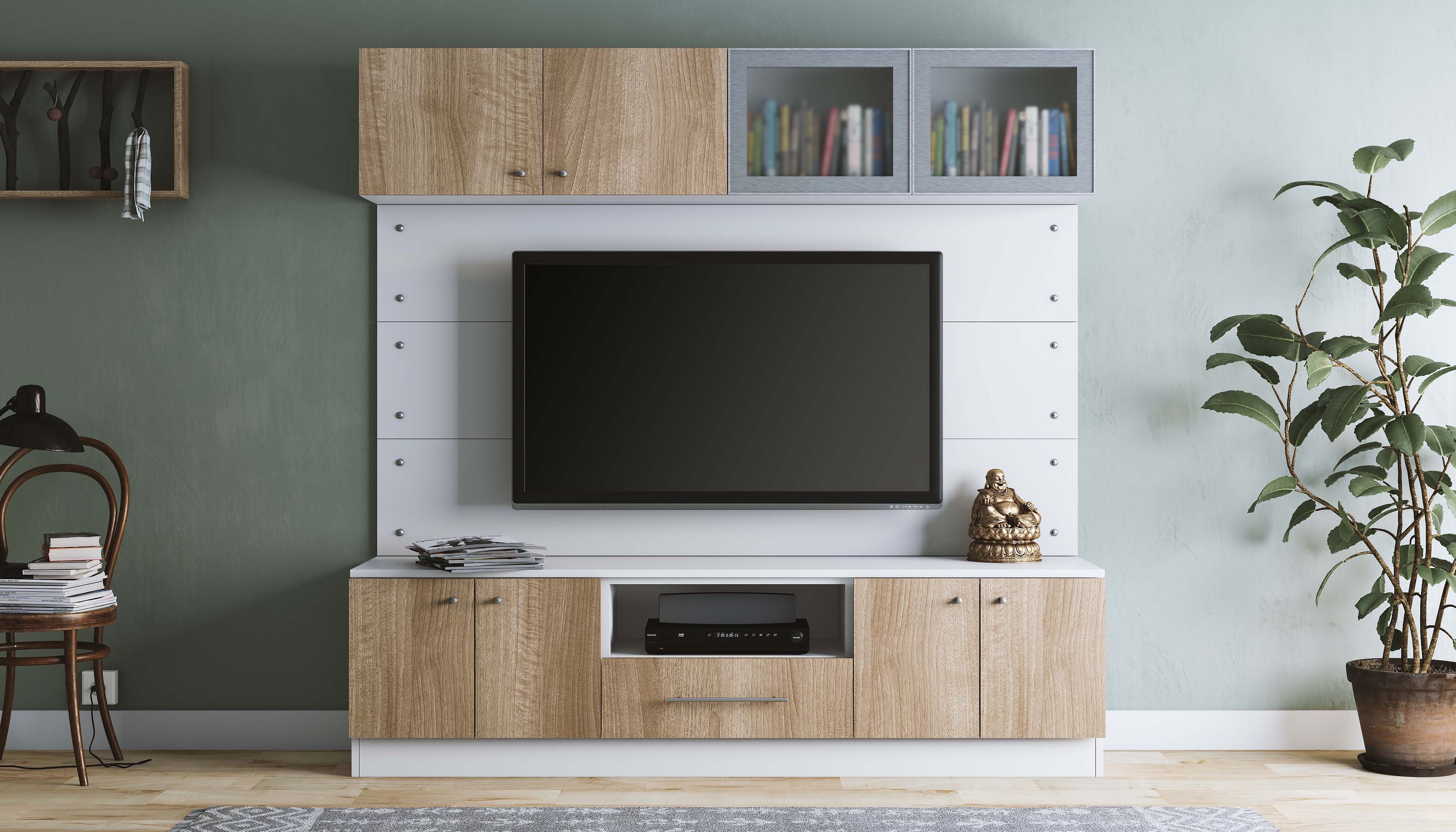 Contemporary TV Unit Design with Mixed White and Wood Finishes