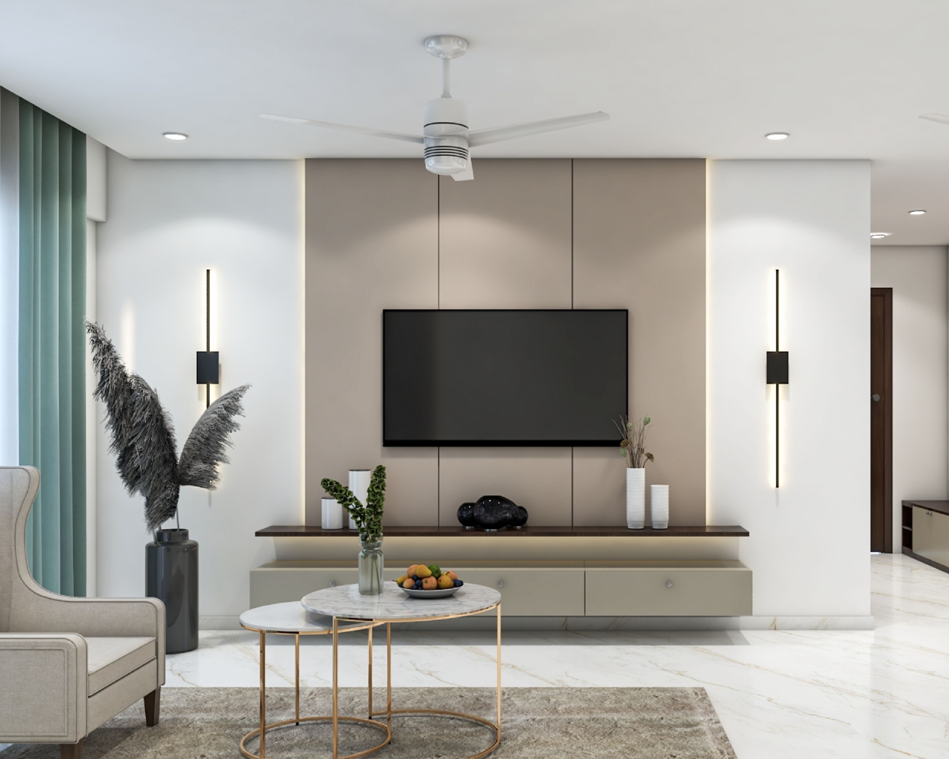 Modern TV Unit Design with Drawers and LED-Lit Wall Panels