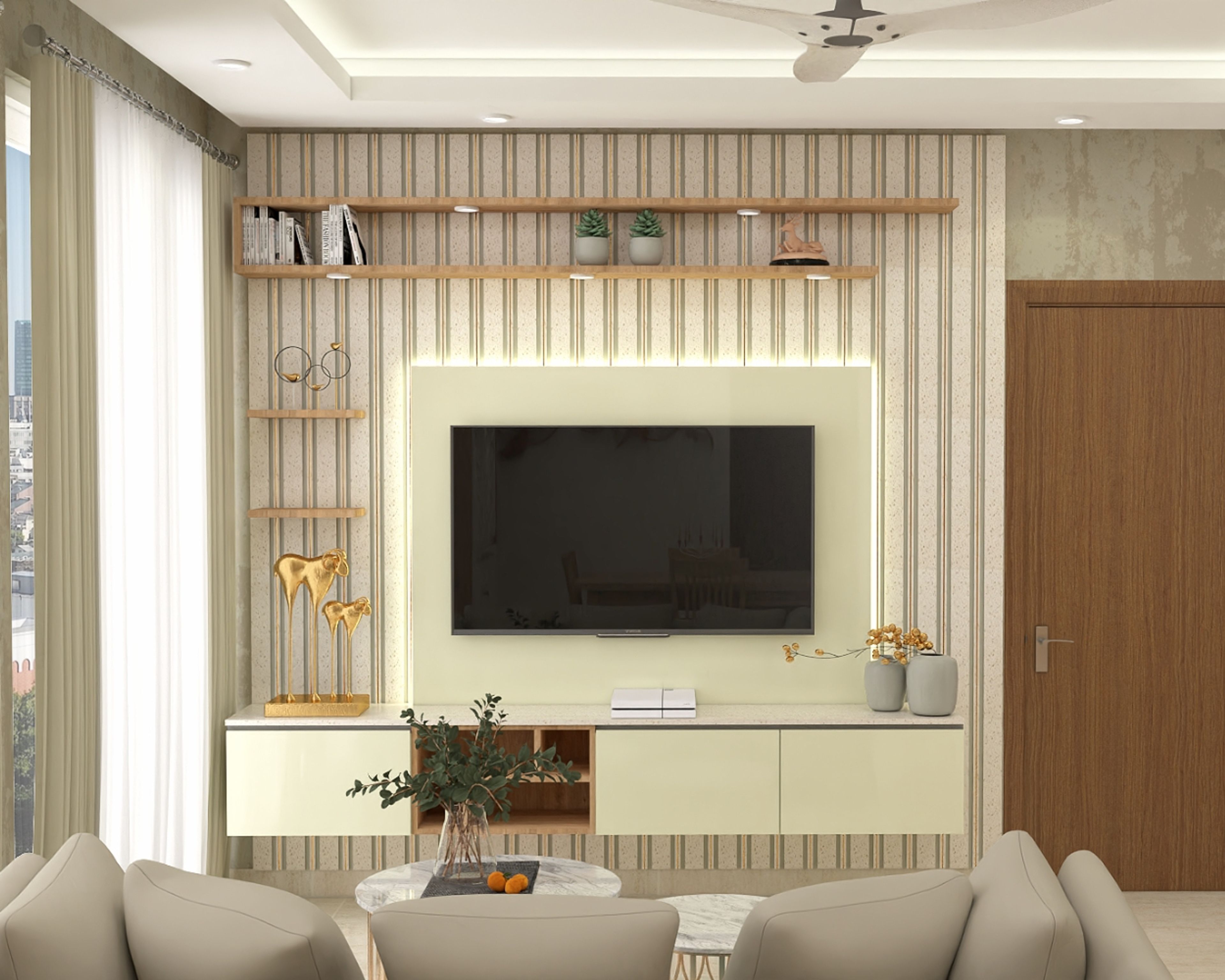 Modern TV Unit Design with High Gloss Drawers and Accent Wallpaper