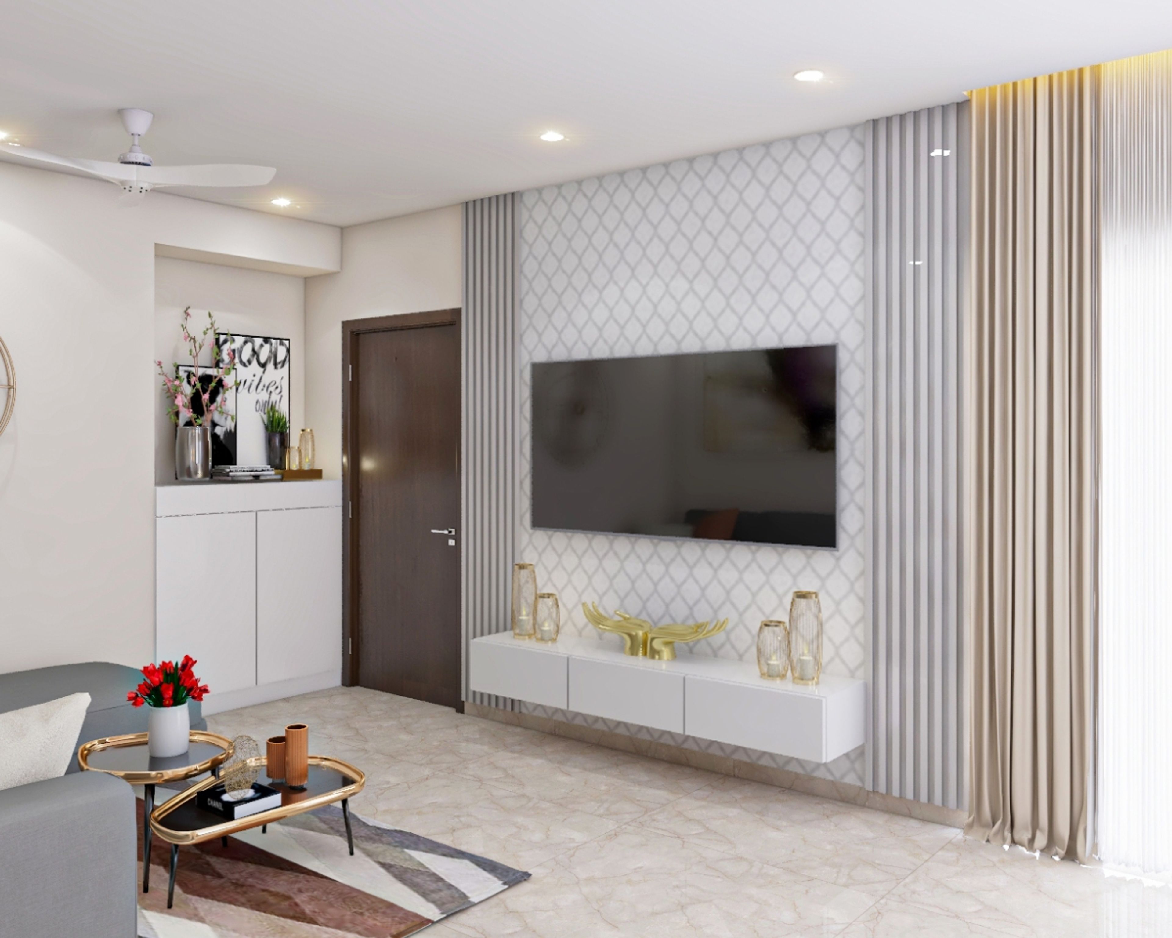 High-Gloss Modern TV Unit Design with White Base and Fluted Panels