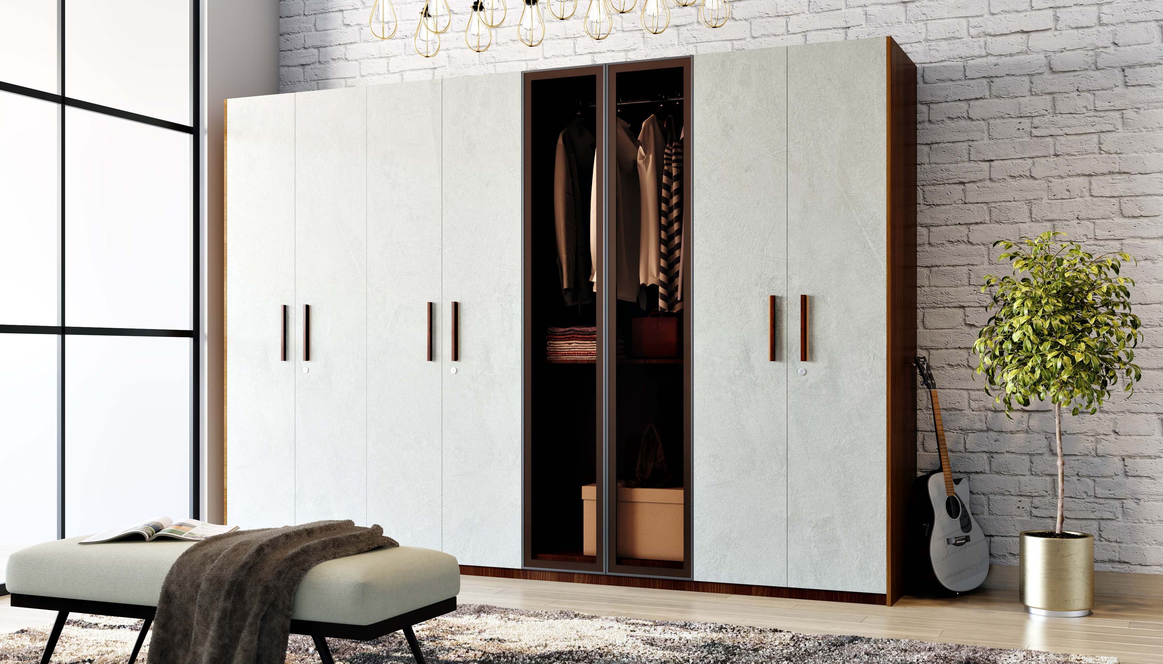 Modern Oak Swing Wardrobe Design with Glass Shutters