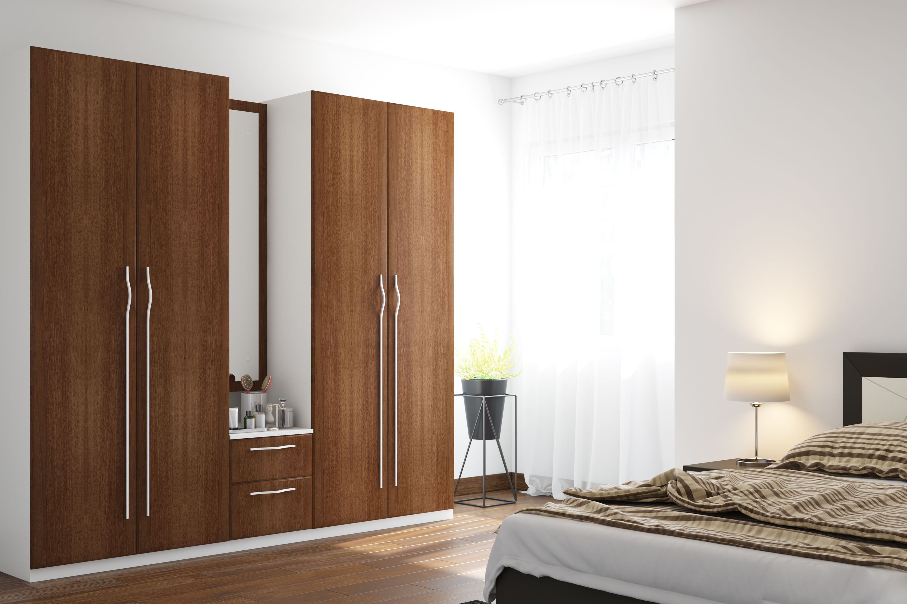 4 Door Modern Swing Wardrobe with Integrated Dresser and Drawers