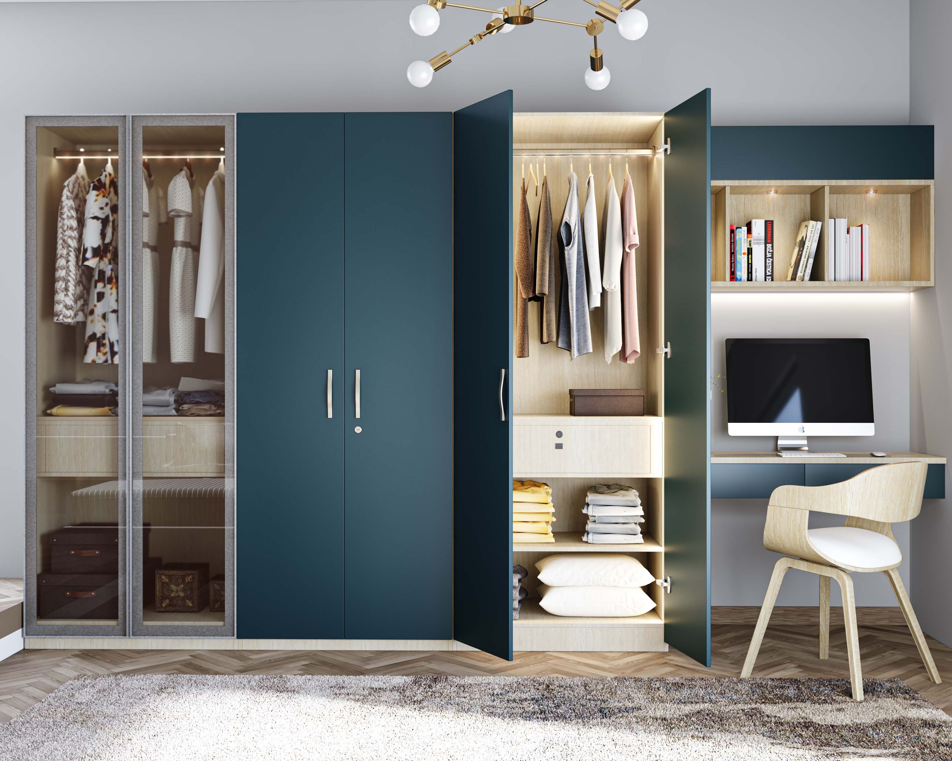 6 Door Contemporary Swing Wardrobe Design with Study Table