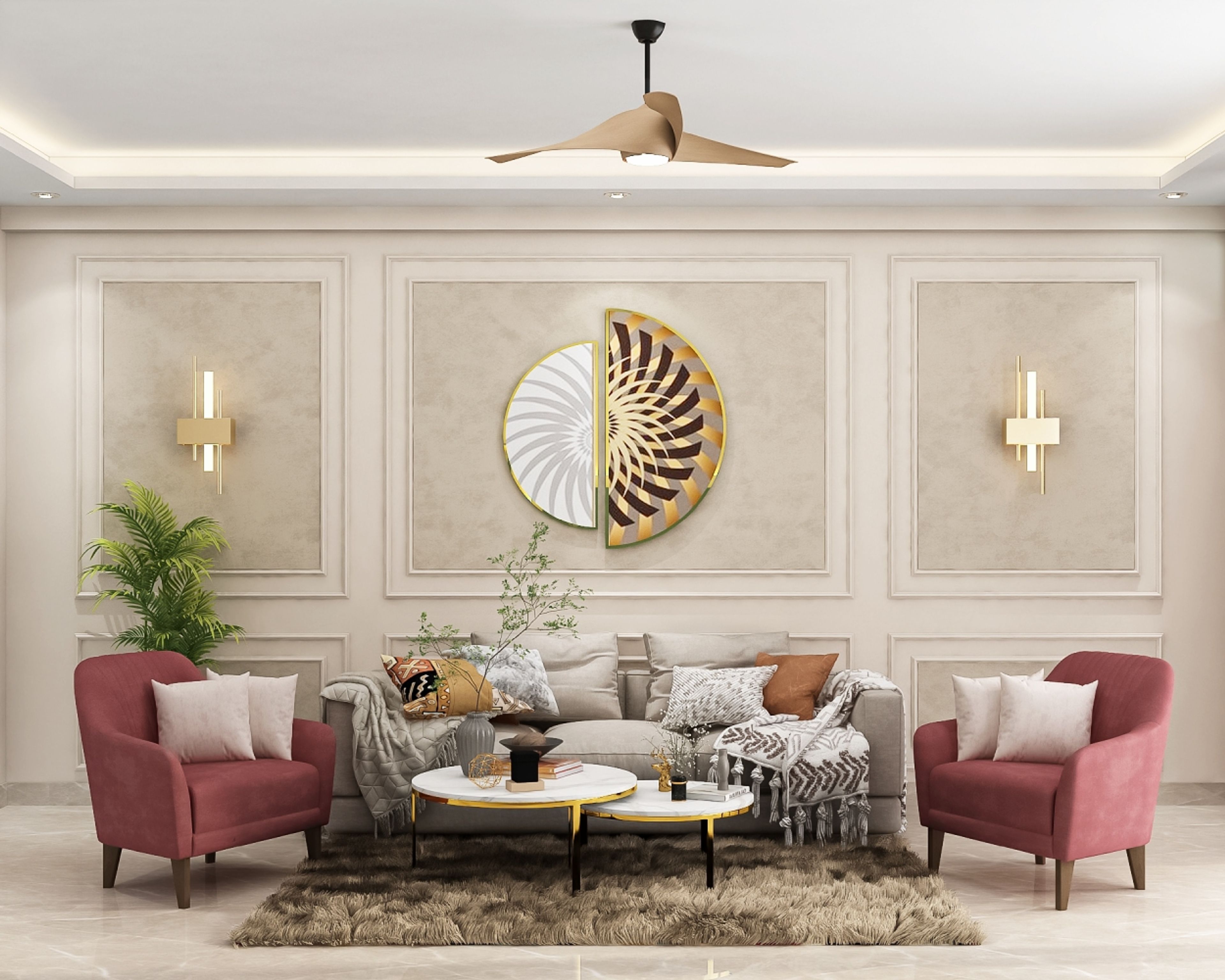 Contemporary Living Room Design With Beige Sofa and Red Accent Chairs