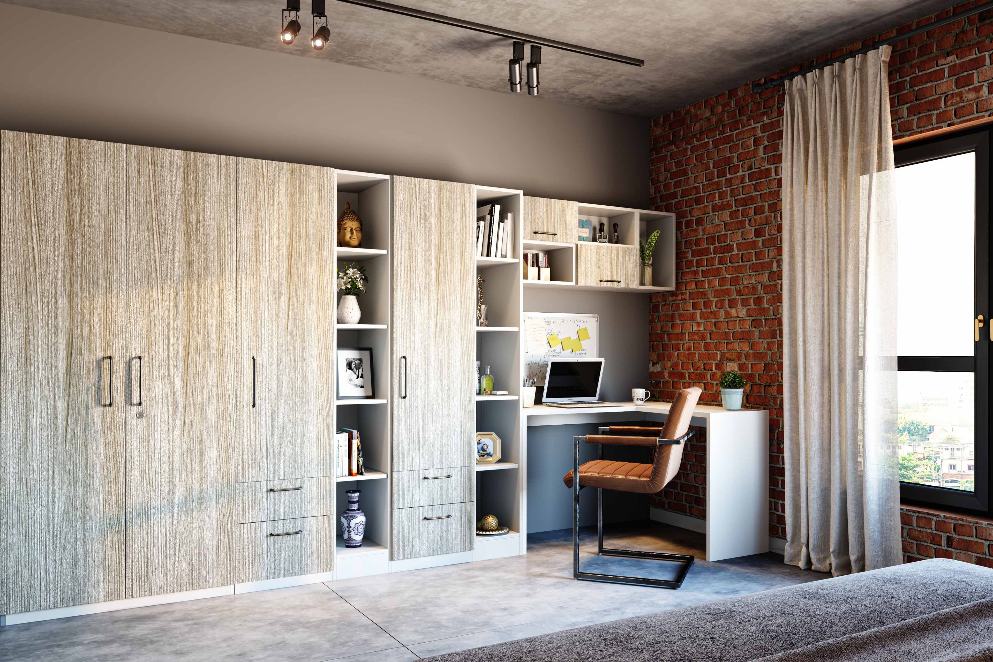 Contemporary 4-Door Swing Wardrobe Design with Study Unit