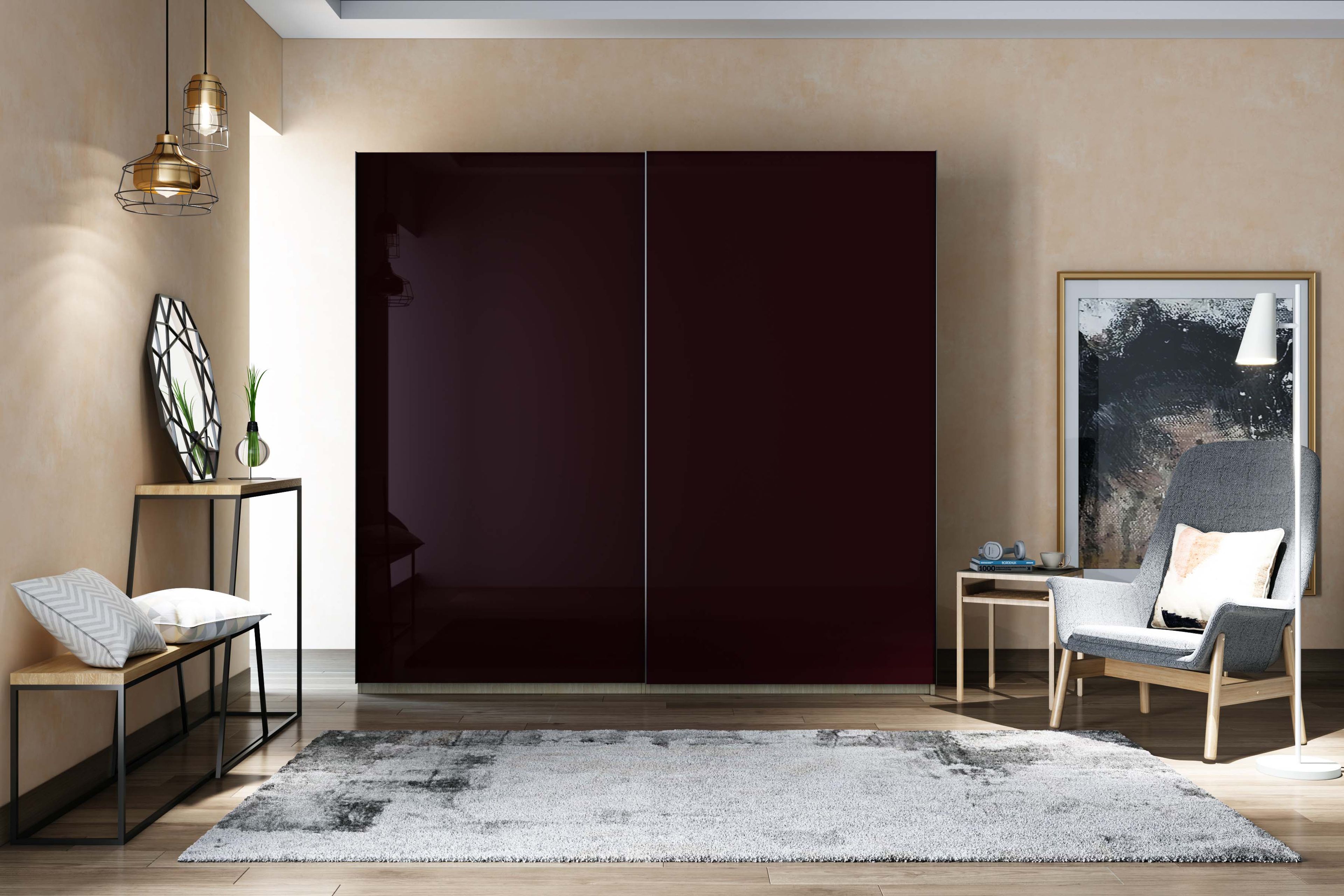 Contemporary 2-Door Sliding Wardrobe Design with High Gloss Finish