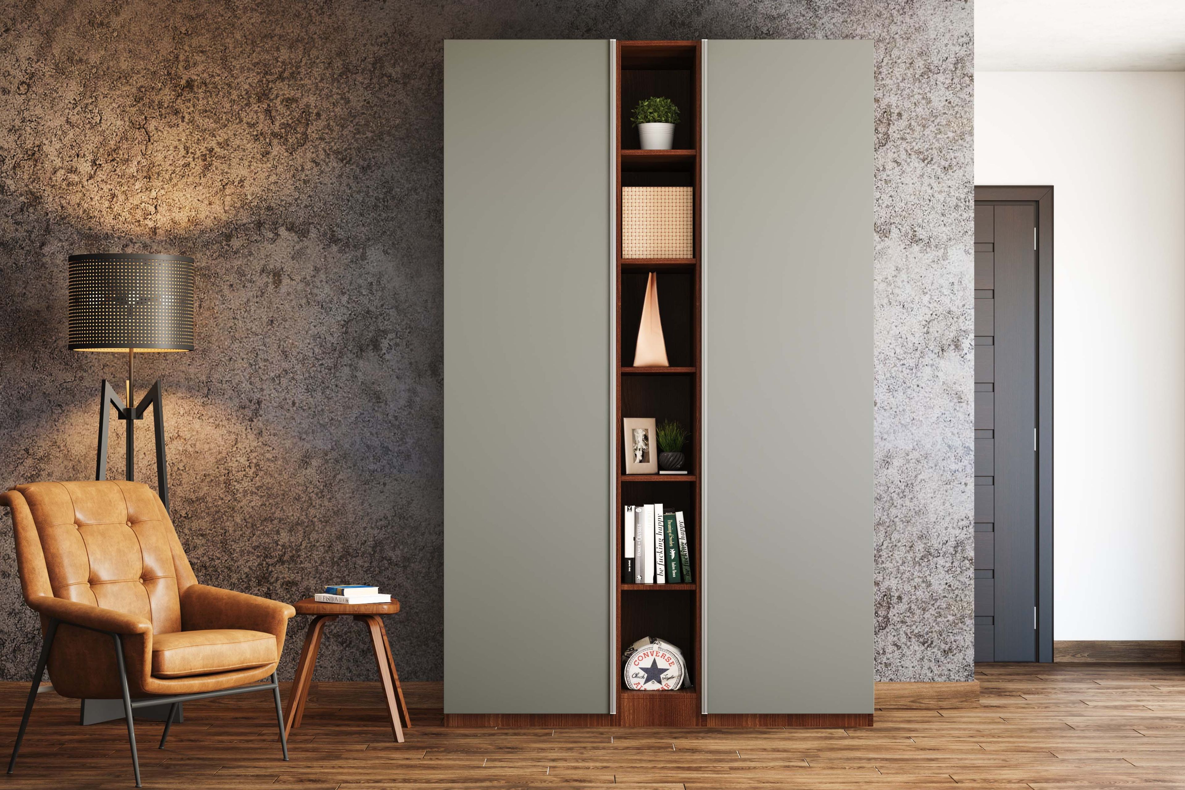 Contemporary 2-Door Wardrobe Design with Open Wooden Shelves