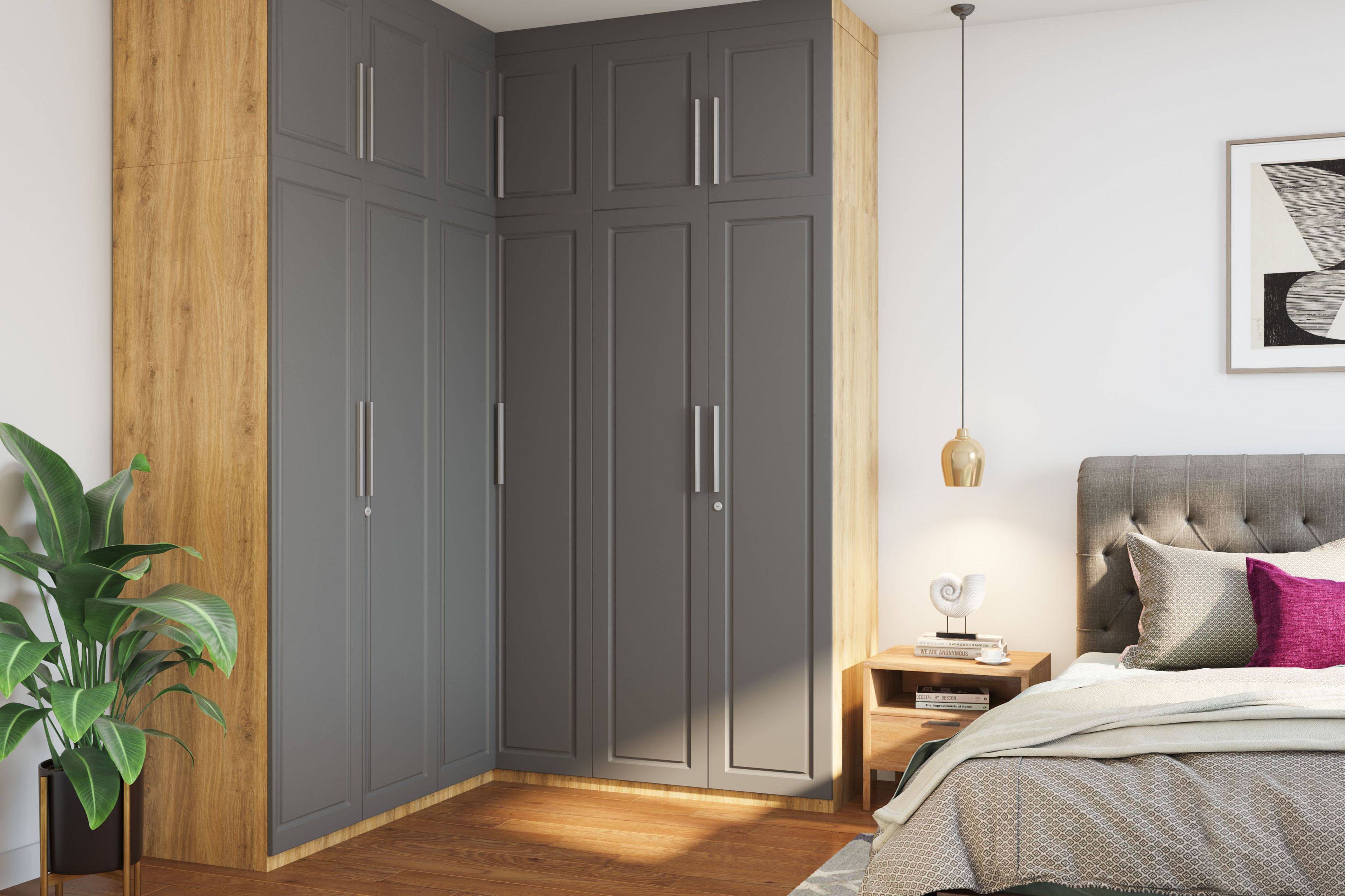 Grey and Wood Contemporary L-Shaped 6-Door Swing Wardrobe Design