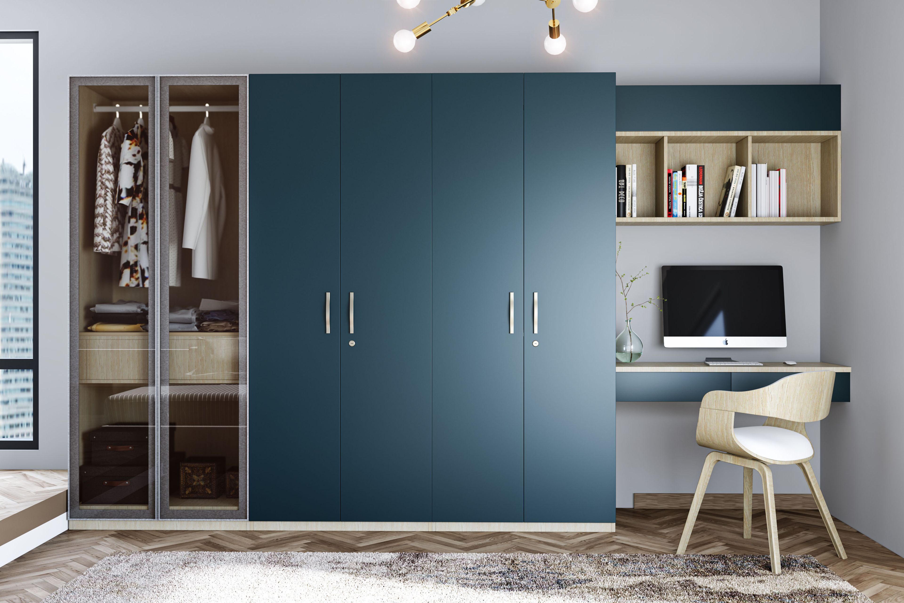 Contemporary Swing Wardrobe Design with 6 Doors and Suede Finish