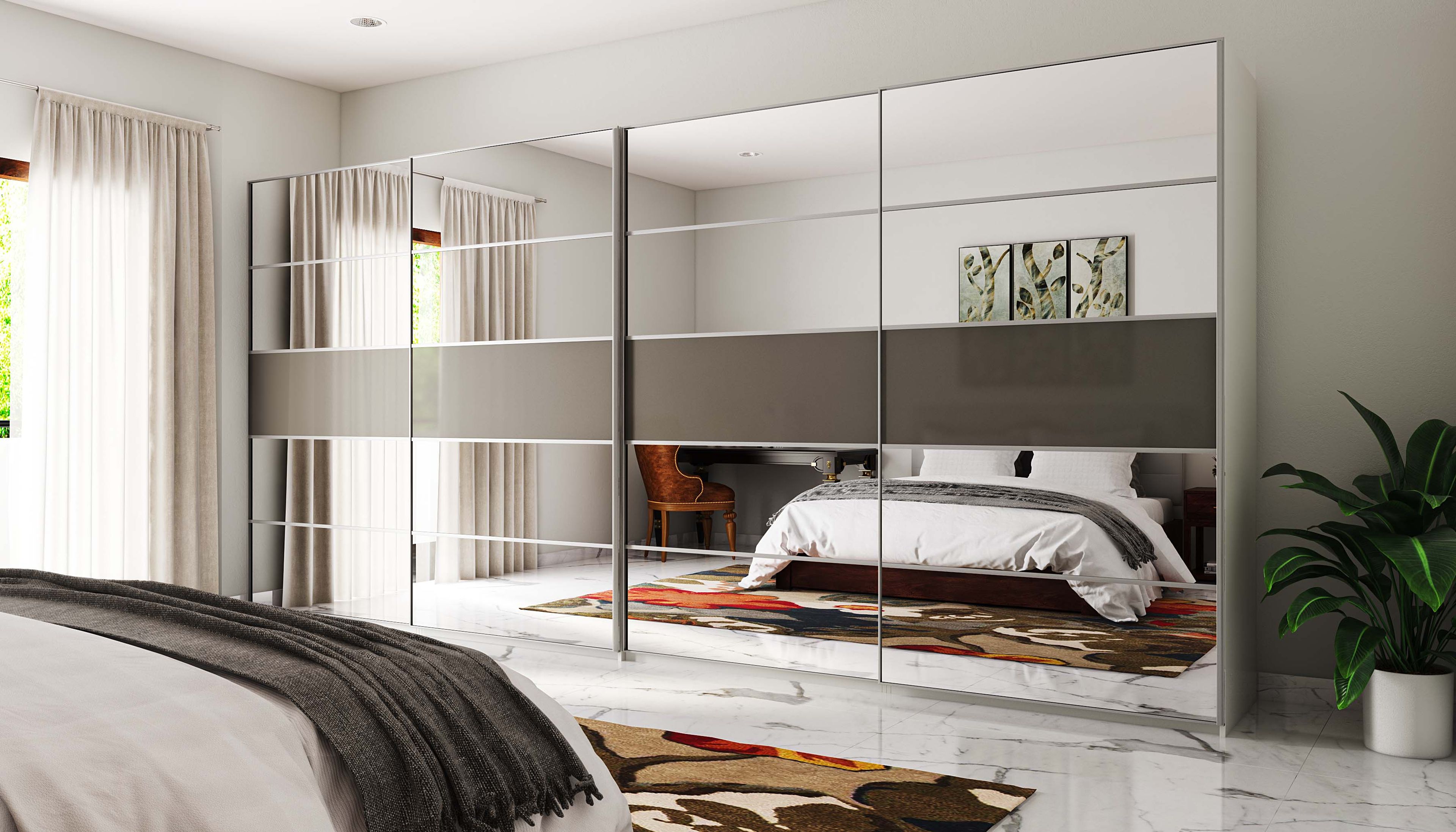Contemporary 4 Door Sliding Wardrobe Design with Mirror and Grey Finish