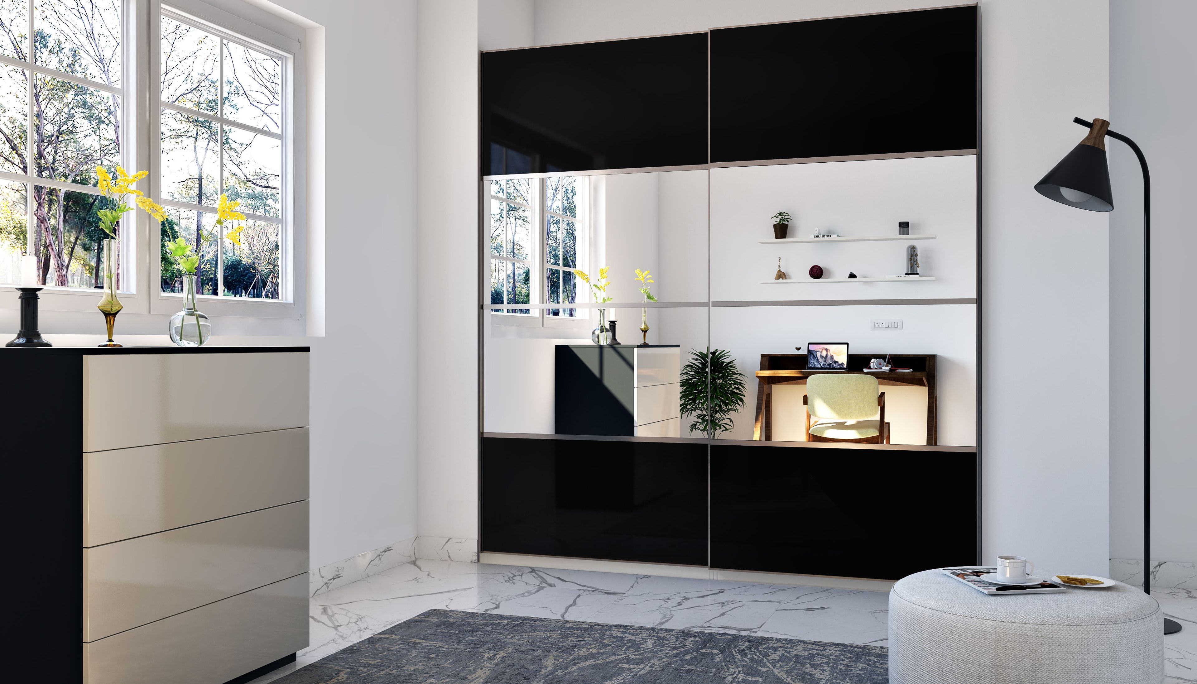 Modern Black Sliding Wardrobe Design with Glossy Acrylic Finish