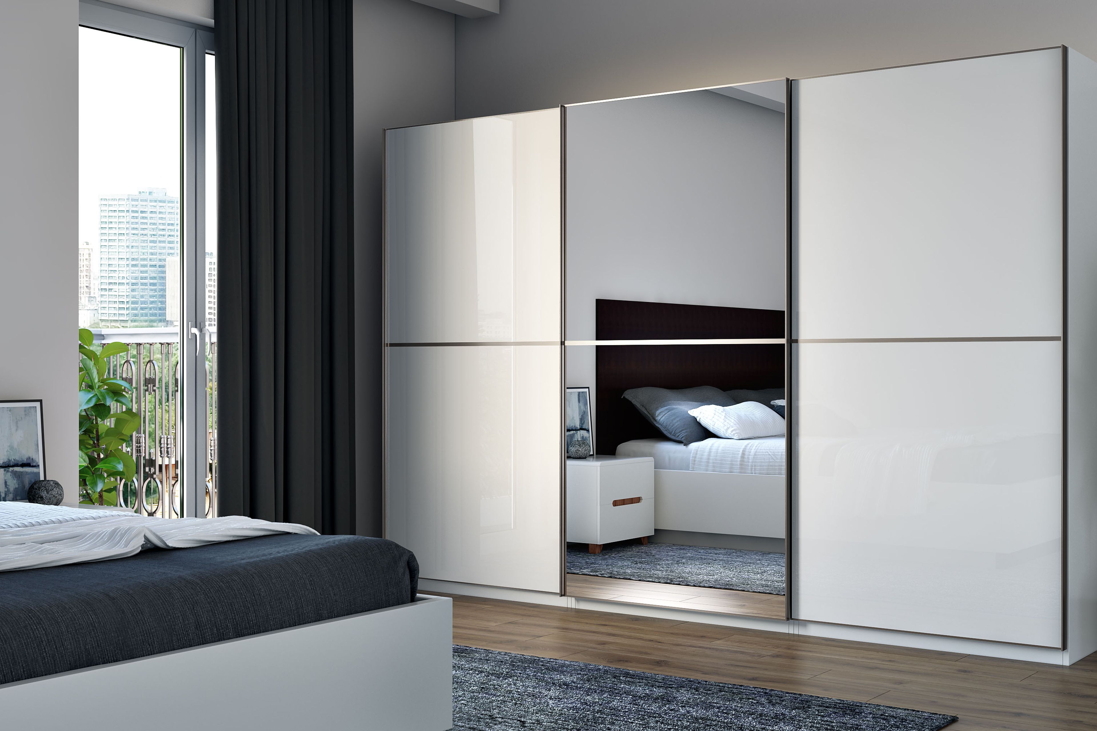 White Modern Sliding Wardrobe Design in High Gloss Acrylic Finish and Custom Options