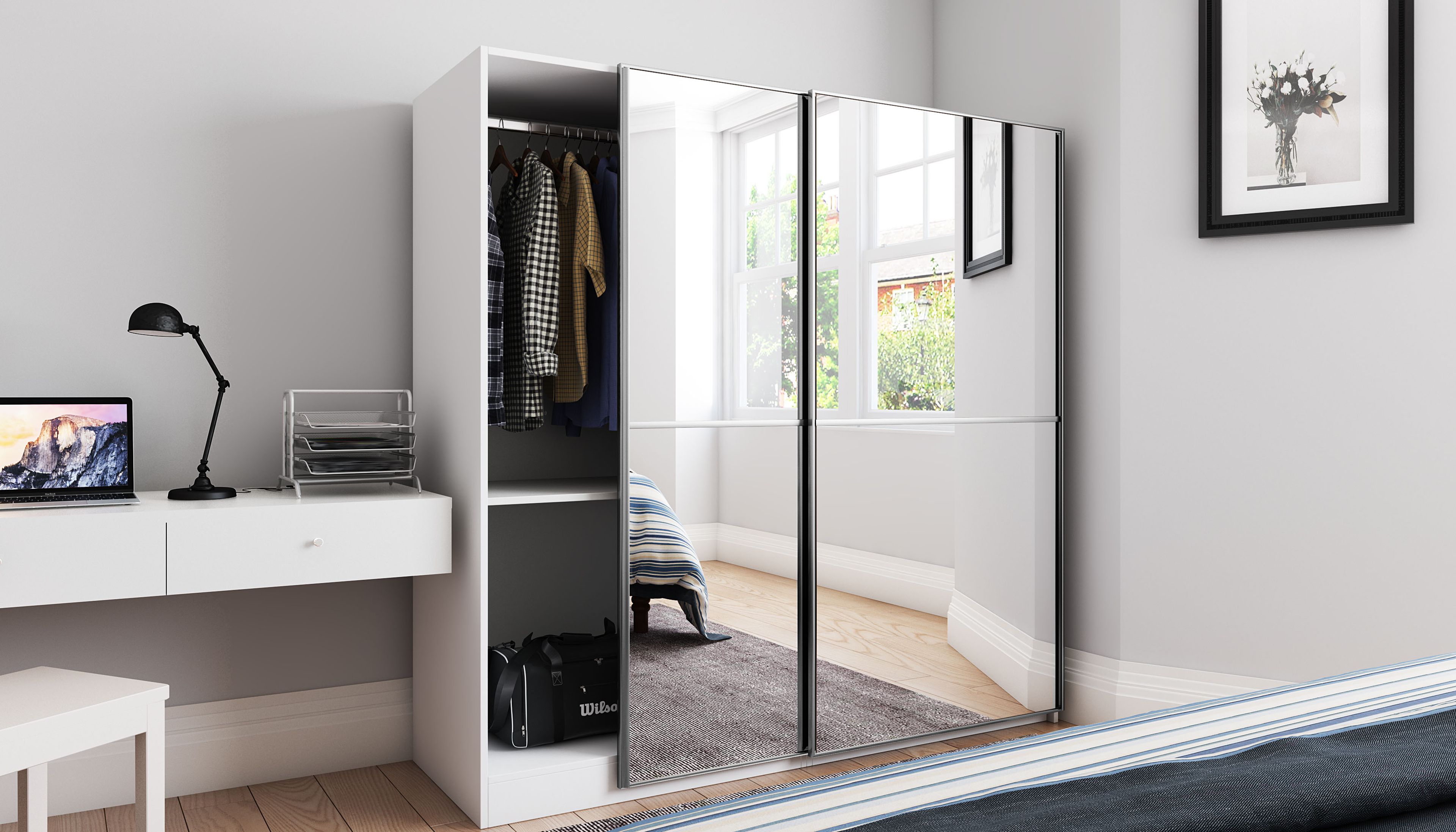 Contemporary 2 Door Sliding Wardrobe Design with Mirror Shutter